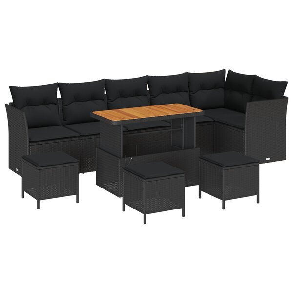 Set de canapé de jardin vidaXL 10 pièces avec coussins noir rotin poly acacia