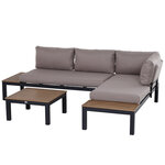 Ensemble salon de jardin d'angle design contemporain 5 places coussins marron table basse alu. noir et imitation bois