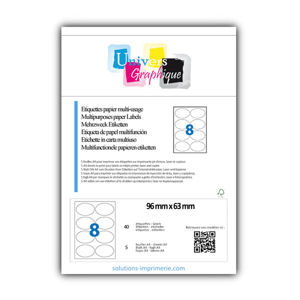 Lot de 5 planches a4 de 8 étiquettes à bords vifs 96 x 63 mm en papier blanc 70g/m² multifonction