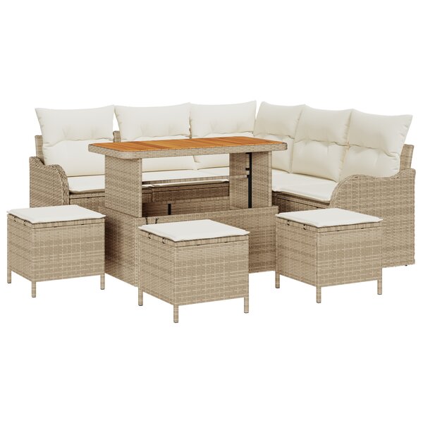 Ensemble de Canapés de Jardin 9 Pièces avec Coussins Beige Rotin Poly Acacia