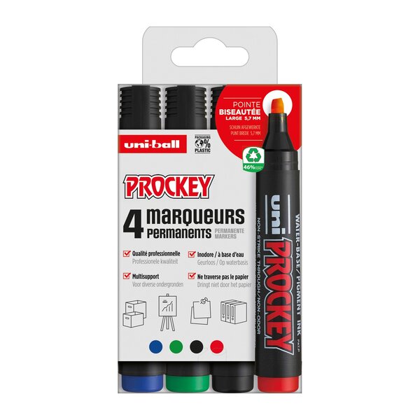 Marqueur permanent uni ball prockey couleurs assorties pointe biseautée 2 à 6 mm - pochette de 4 - uni-ball
