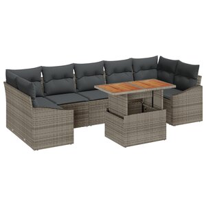 vidaXL Ensemble de salle à manger de jardin de 8 pièces avec coussins Gris Rattan Poly Acacia