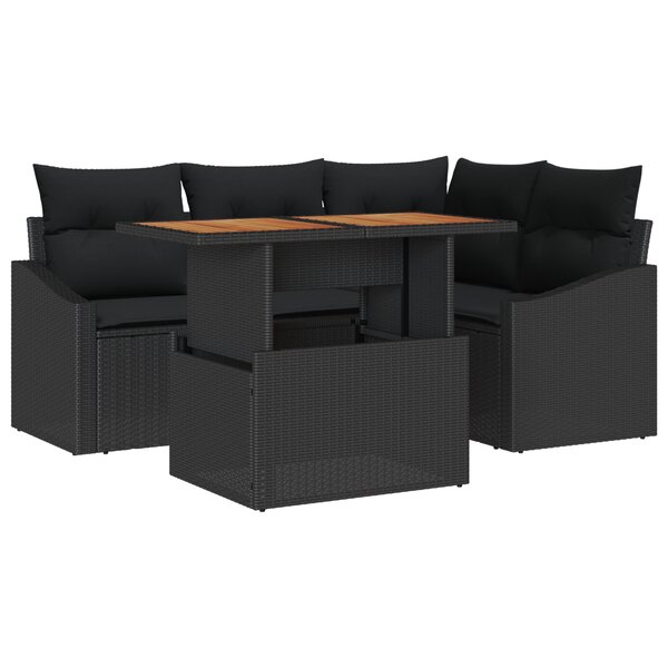 vidaXL Ensemble de salle à manger de jardin 5 pièces avec coussins Rotin poly noir Acacia