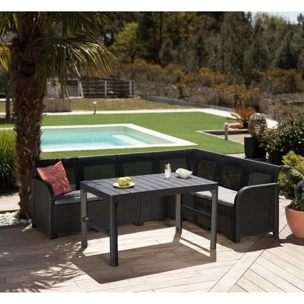 ALLIBERT by KETER - Salon de jardin SanRemo Lyon 6 places - table basse 2 positions - imitation rotin tressé - gris graphite