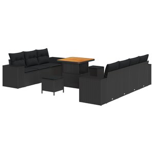 Ensemble de Canapés de Jardin 10 pièces avec Coussins Noir Poly Rattan Acacia