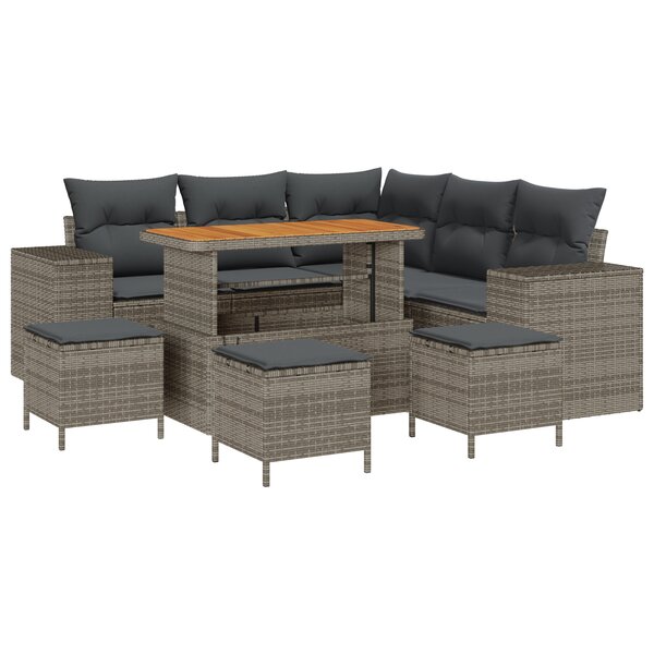 Canapé de jardin 9 pièces avec coussins en gris Poly Rattan Acacia