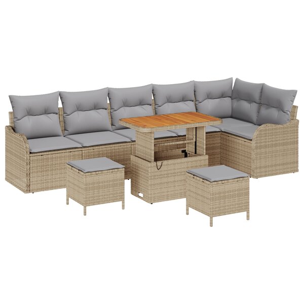 Ensemble de canapé de jardin 9 pièces vidaXL avec coussins Beige Poly Rattan Acacia