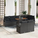 Ensemble de Canapé de Jardin 9 Pièces avec Coussins Noir en Poly Rattan et Acacia