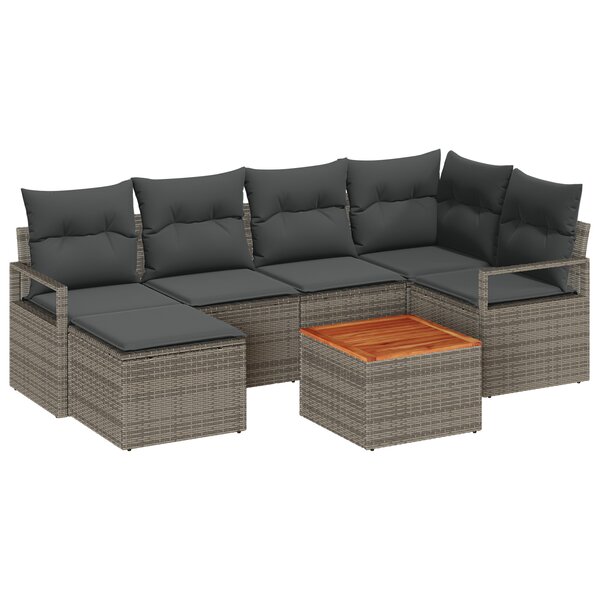 Ensemble de Canapé de Jardin 7 pièces avec Coussins Gris Poly Rotin Acacia