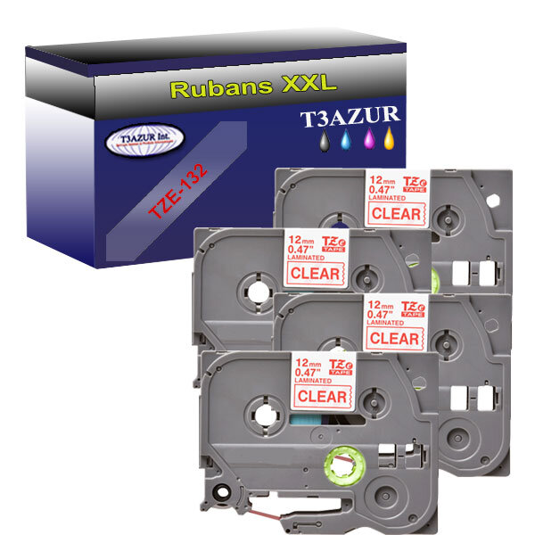 4 x Rubans pour étiquettes laminées générique Brother Tze-132 pour étiqueteuses P-touch - Texte rouge sur fond transparent