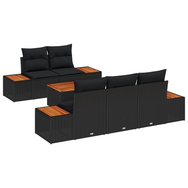 Ensemble de Canapé de Jardin 6 Pièces avec Coussins Noir Poly Rattan Acacia