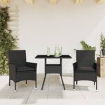 vidaXL Ensemble à manger de jardin et coussins 3 Pièces noir rotin verre