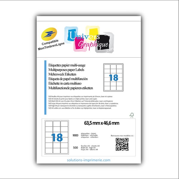 Lot de 500 planches de 18 étiquettes pour timbre 63,5 x 46.6 mm
