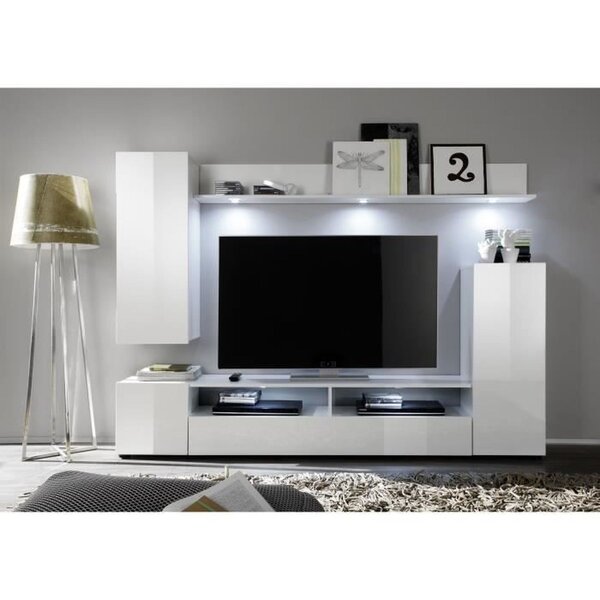 Ensemble meuble TV DOS - 3 Portes - LED - Mélamine blanc mat et brillant - 208 x 33 x 165 cm