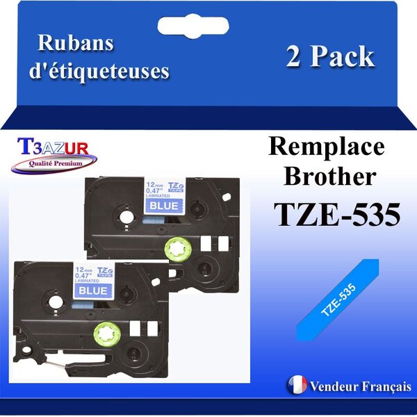 2x Rubans d'étiqueteuses compatibles avec Brother Tze535  Tze-535 pour étiqueteuses P-touch - Texte blanc sur fond bleu - T3AZUR