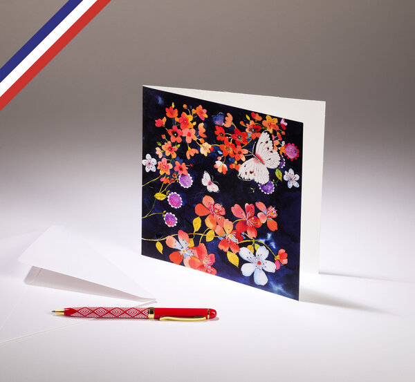 Carte double aerial créée et imprimée en france - papillons volant parmi les fleurs