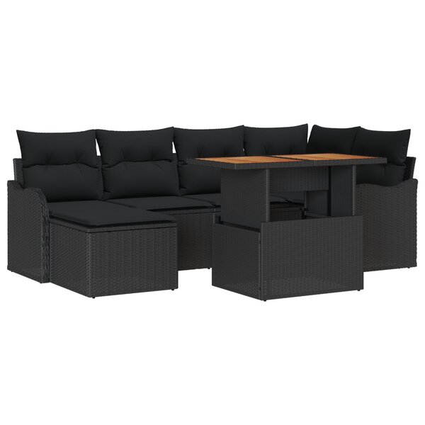 Ensemble de 7 Pièces de Canapé de Jardin avec Coussins Noir Rattan Poly Acacia