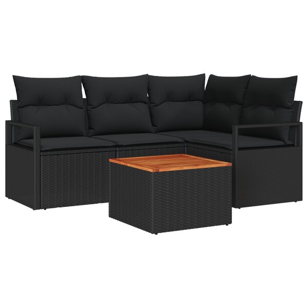 Ensemble de canapé de jardin 5 pièces avec coussins Noir Poly Rotin Acacia