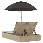 vidaXL Chaise longue double avec coussins et parasol beige poly rotin