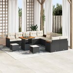 Ensemble de canapés de jardin 13 pièces avec coussins noir rattan poly acacia