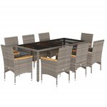 vidaXL Ensemble à manger de jardin et coussins 9 Pièces gris rotin verre