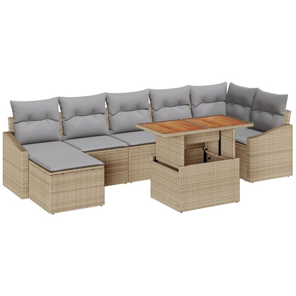 vidaXL Ensemble de Salle à Manger de Jardin en 8 Pièces avec Coussins Beiges Poly Rattan Acacia