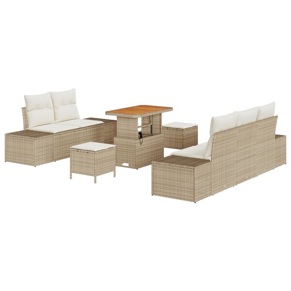 Ensemble de Canapé de Jardin 8 Pièces avec Coussins Beige Poly Rotin Acacia
