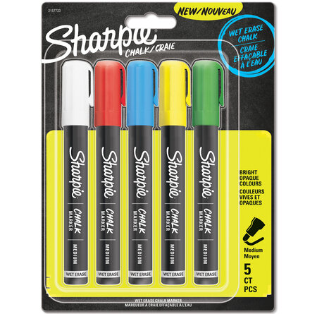 SHARPIE CHALK Stylos marqueurs craie effaçables à l'eau   pointe medium   Couleurs vives et opaques   lot de 5