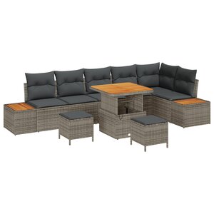 Canapé de Jardin 9 Pièces avec Coussins Gris en Rattan
