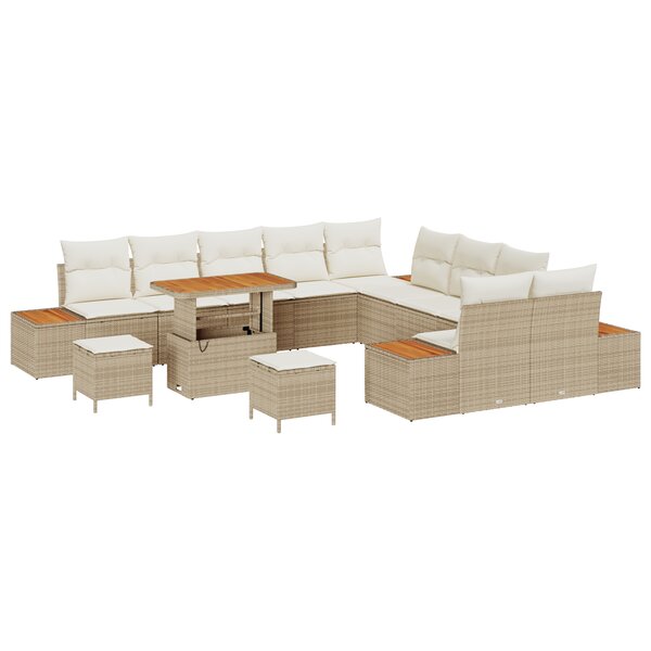 Ensemble de Canapé de Jardin de 13 Pièces avec Coussins Beige Poly Rattan Acacia