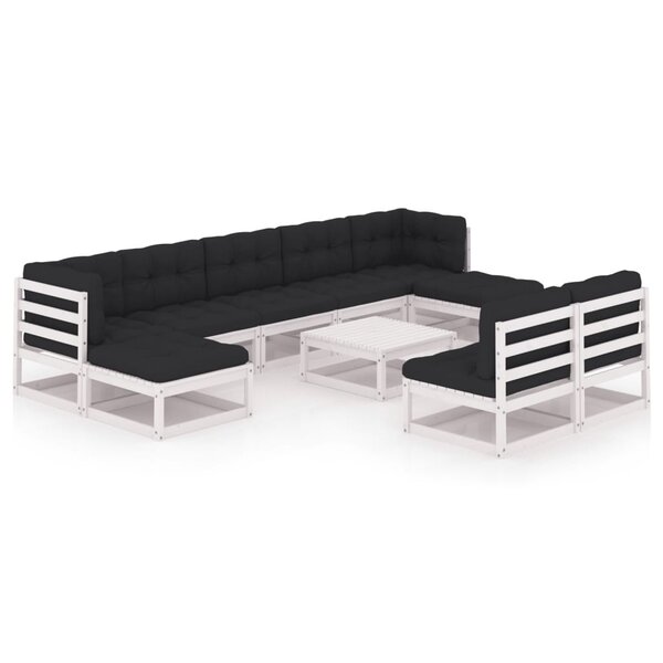 vidaXL Salon de jardin 10 Pièces avec coussins Blanc Bois de pin massif