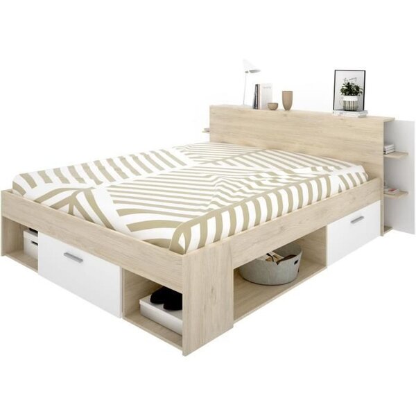 Lit adulte - 140 x 190 cm - 3 tiroirs + Tête de lit avec rangement - chêne et blanc