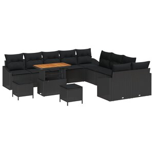 Set de 13 pièces de canapé de jardin avec coussins noir poly rattan acacia