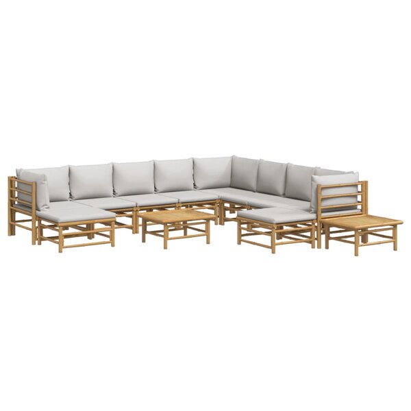 Salon de jardin meuble d'extérieur ensemble de mobilier 12 pièces avec coussins gris clair bambou 02_0015585