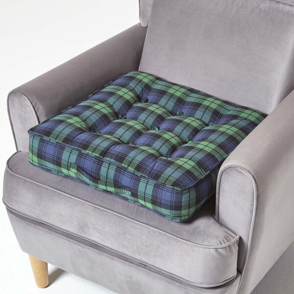 Coussin d'assise rehausseur en coton à carreaux écossais Bleu  50 x 50 x 10 cm - HOMESCAPES