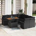 vidaXL Set de Sofa de Jardin 9 Pièces avec Coussins Noir Poly Rattan Acacia