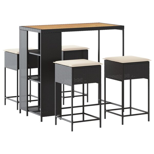 vidaXL Ensemble de bar de jardin 5 Pièces avec coussins noir poly rotin