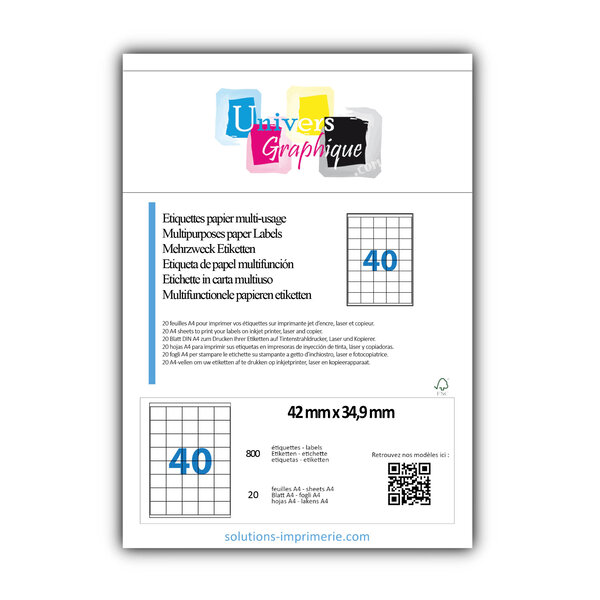 Lot de 20 planches a4 de 40 étiquettes à bords vifs 42 x 34 9 mm en papier blanc 70g/m² multifonction