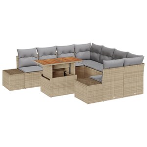 vidaXL Ensemble de Canapé de Jardin 9 Pièces avec Coussins Beiges en Rattan Poly