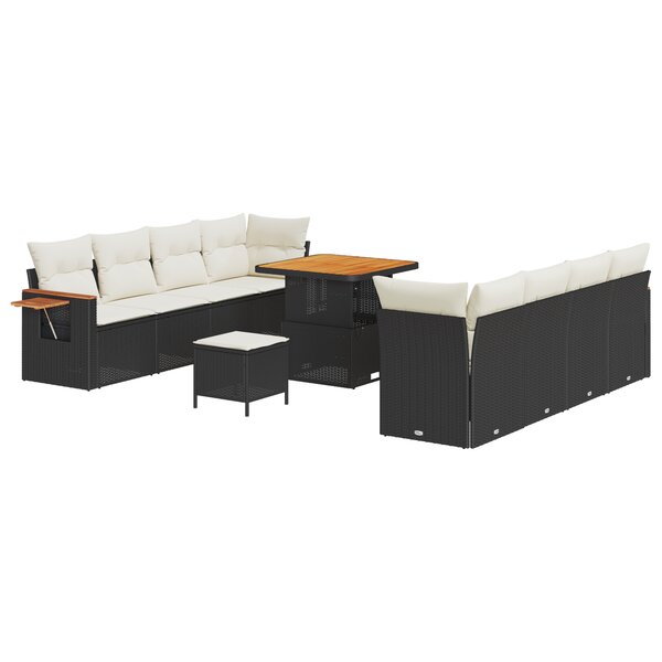 Ensemble Canapé de Jardin 11 Pièces avec Coussins Noir Poly Rattan Acacia