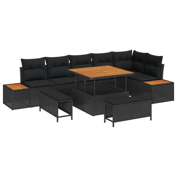 Canapé de jardin 9 pièces avec coussins Noir Poly Rattan Acacia