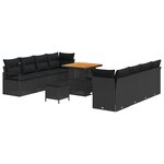 Ensemble de canapé de jardin 11 pièces avec coussins noir poly rotin acacia