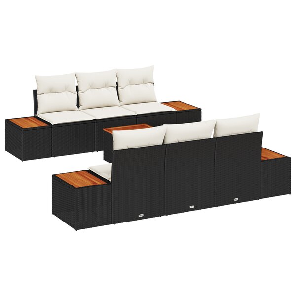 Ensemble de Canapé de Jardin 7 Pièces avec Coussins en Rotin Poly Noir et Acacia