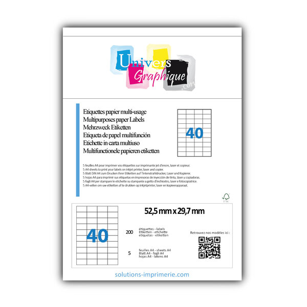Lot de 5 planches a4 de 40 étiquettes à bords vifs 52 5 x 29 7 mm en papier blanc 70g/m² multifonction