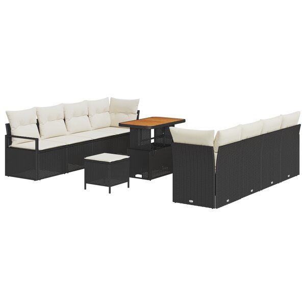 Set de canapé de jardin 11 pièces avec coussins noir poly rotin acacia