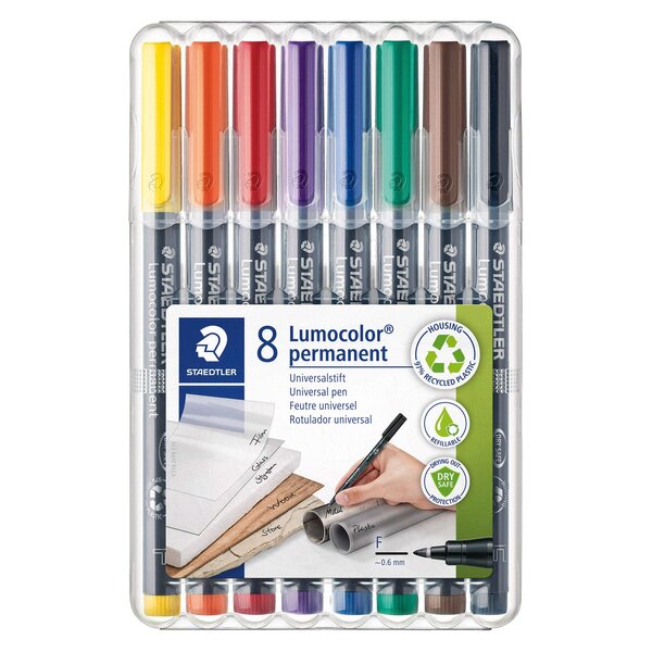 Stylo feutre permanent staedtler lumocolor 'dry safe' couleurs assorties 0 6 mm - pochette de 8