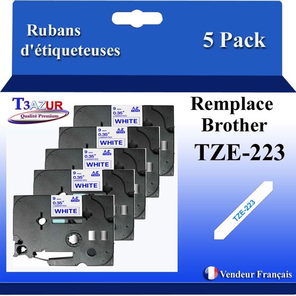 5x  Rubans d'étiqueteuses compatibles avec Brother Tze223  Tze-223 pour étiqueteuses P-touch - Texte bleu sur fond blanc - Largeur 9 mm x 8 mètres - T3AZUR