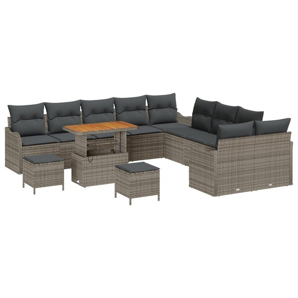 Ensemble de Canapés de Jardin 13 Pièces avec Coussins Gris Poly Rattan Acacia