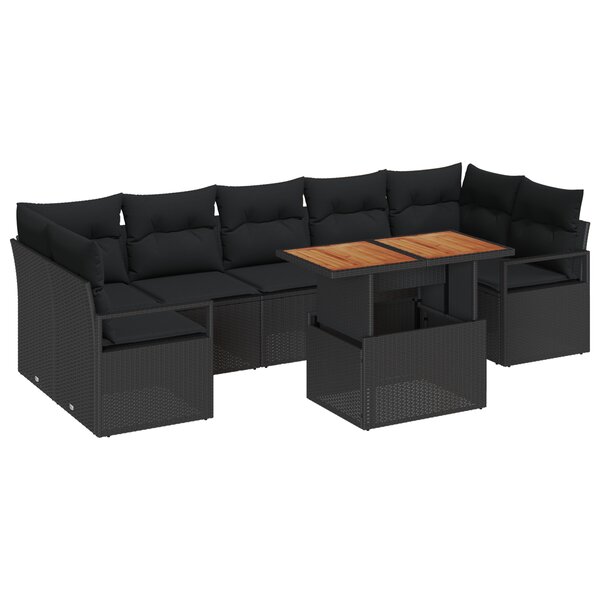 Canapé de jardin 8 pièces avec coussins en poly rotin noir