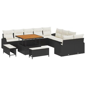 Canapé de jardin 13 pièces avec coussins noir poly rotin acacia
